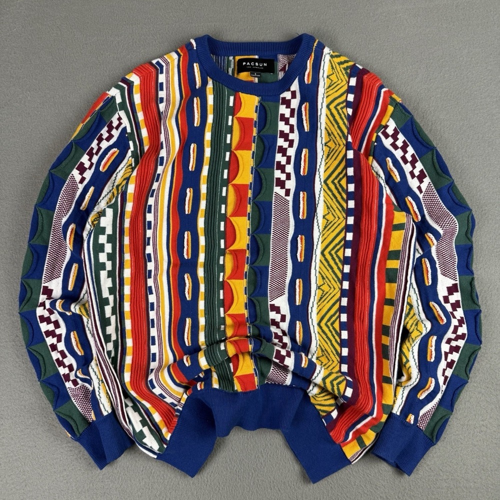 PACSUN Coogi Style Sweater Rainbow 3D Knit Men Small Cosby‎ Biggie 90s Retro